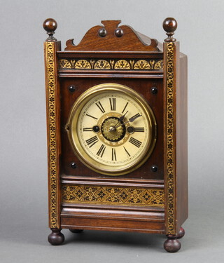 A 19th Century American shelf alarm clock with 10cm dial contained in a mahogany and painted case, complete with pendulum (no key)  32cm h x 19cm w x 10cm d  