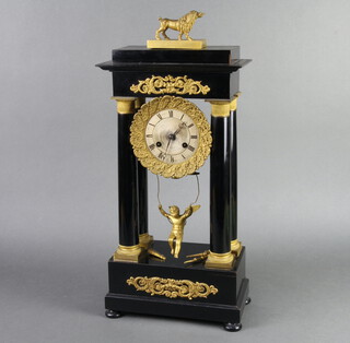 A 19th Century French Portico striking clock with silvered dial and Roman numerals, contained in an ebonised and gilt metal case surmounted by an associated gilt metal figure of a walking mythical beast, the pendulum in the form of a swinging cupid, the base with quiver, bow and torch, the back plate marked Steffenoni Paris, 50cm h x 25cm w x 12cm d 