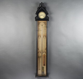 An Admiral Fitzroy barometer, the top section fitted a striking clock with painted dial, Roman numerals, contained in a black painted case 124cm x 22cm 