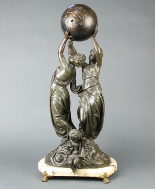A 19th Century French spelter timepiece in the form of a globe being supported by 2 ladies beneath a figure of a cherub with hourglass, raised on an oval marble base 66cm h x 31cm w x 17cm d (no key) 