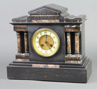 J Marti, a French 19th Century 8 day striking mantel clock contained in a 2 colour marble architectural case with enamelled dial and Arabic numerals, complete with pendulum and key 30cm h x 34cm w x 15cm d
