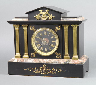 A D Mougin, a 19th Century French 8 day striking mantel clock contained in a 2 colour marble and gilt metal case, the dial marked J W Benson Ludgate Hill London, French Made, complete with pendulum and key 29cm h x 33cm w x 14cm d  