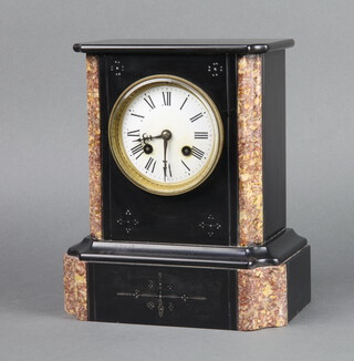 A 19th Century French 8 day striking mantel clock with enamelled dial and Roman numerals, contained in a 2 colour marble case, the back plated marked H P & Co 3025, complete with pendulum (no key), 25cm h x 22cm w x 13cm d 