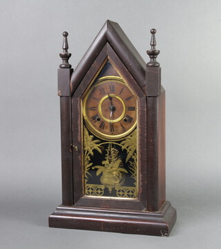 Ansonia, an American striking shelf clock with 13cm painted dial, Roman numerals, contained in a shaped pine case 50cm h x 30cm w x 13cm d 