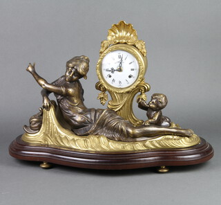 A 19th Century style striking mantel clock striking on 2 bells, contained in a marble case, the enamelled dial marked Made in Germany, the back plate marked Germany, supported by a reclining lady and cherub 37cm h x 54cm w x 23cm d 