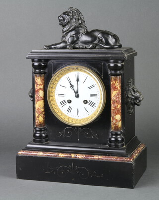 A 19th Century French 8 day striking mantel clock with enamelled dial and Roman numerals contained in a 2 colour marble architectural case surmounted by a figure of a spelter lion and with spelter lion masks to the sides, the back plate is marked 16950 36cm h x 26cm w x 14cm d, complete with pendulum 