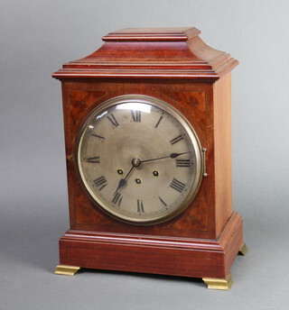 Gustav Becker, an Edwardian 8 day striking on gong bracket clock with 20cm silvered dial and Roman numerals, the 12cm back plate marked GB 2474699 complete with pendulum and key, contained in a mahogany case 40cm x 27cm x 15cm   