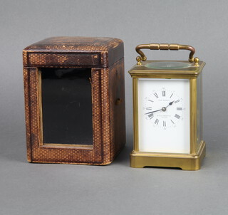 A 19th Century French 8 day carriage clock, striking on gong, with enamelled dial and Roman numerals, marked John Bennett 65 & 4 Cheapside London, contained in a gilt case 13cm x 9cm x 8cm, complete with leather carrying case  