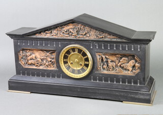Vincent & Co, a French 19th Century 8 day striking mantel clock with Roman numerals contained in a gilt metal and marble architectural case decorated jungle scenes 34cm h x 66cm w x 17cm d 