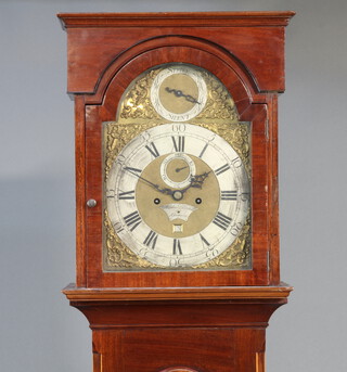 Nicolas Blondel, Guernsey, an 18th Century longcase clock with 30cm gilt arched dial, silvered chapter ring and gilt spandrels, complete with pendulum, no weights, contained in an inlaid mahogany case 208cm h x 42cm w x 21cm d 