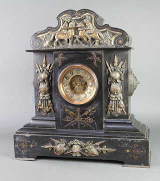 A French 19th Century 8 day striking mantel clock with silvered dial and Arabic numerals, contained in a black marble case decorated military trophies,  the back plate marked 3437 55cm x 49cm x 17cm 
