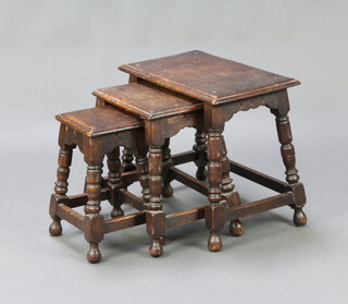A nest of 3 17th Century style oak interfitting coffee tables raised on cup and cover supports with box framed stretcher 51cm h x 49cm w x 35cm d, 46cm h x 39cm w x 29cm d and 43cm h x 26cm w x 23cm d 
