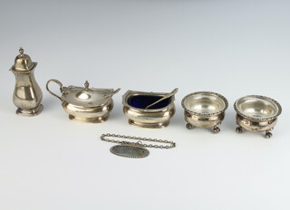 A silver 3 piece condiment set with 2 spoons, Birmingham 1955 together with a pair of 800 standard salts 286 grams 