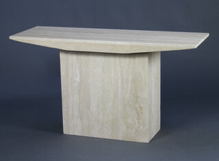 A 20th Century white veined "marble" pedestal table raised on a rectangular pedestal 72cm h x 135cm w x 45cm d 