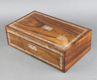 A Victorian rectangular rosewood and inlaid mother of pearl writing slope with hinged lid 13cm h x 40cm w x 24cm d 