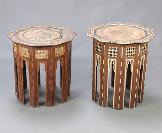 A Moorish decagonal hardwood inlaid occasional table 54cm h x 48cm w x 48cm, together with 1 other 51cm h x 48cm w x 50cm 