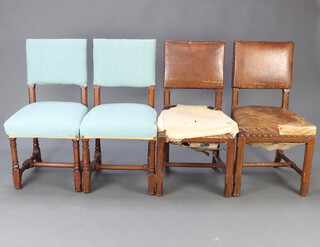 A Harlequinn set of 2 pairs of Victorian Pugin style oak dining chairs, 2 with upholstered seats and backs in rexine and 1 pair in blue fabric, 2 of the bases marked with metal catalogue plates "D1738", 88cm h x 46cm w x 44cm d (inside seat 37cm w x 32cm d)