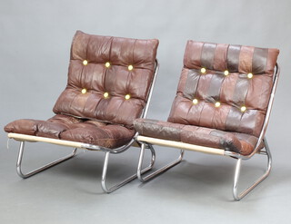 A mid Century pair of chrome and leather armchairs, both with detachable cushions 73cm h x 56cm w x 52cm d (seat 33cm x 45cm) 