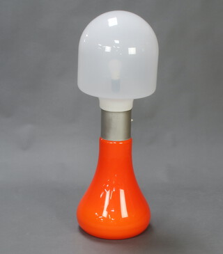 A Carlo Nason for Mazzega glass floor lamp, the mushroom shaped upper section opaque and the lower in orange joined by a central aluminium rim 100cm h x 37cm w. The lamp is fully functional.