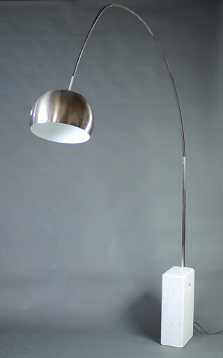 A reproduction "Arco" floor lamp on marble base with polished metal frame and stainless steel adjustable shade (the vender has shortened the extending frame by 10cm)