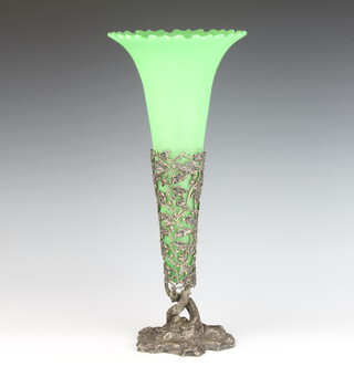 A Victorian tapered green glass vase contained in a plated rustic base 42cm 
