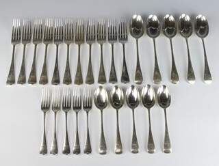 A Victorian canteen of silver Old English cutlery comprising 5 tablespoons, 5 dessert spoons, 11 dinner forks, 5 dessert forks, with engraved armorial, London 1894, 1700 grams 