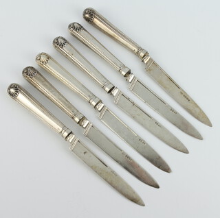 A set of 6 George IV silver meat knives with shell grips London 1824 