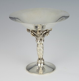 A Georg Jensen silver pedestal tazza decorated with grapes on a spiral stem no.265 12cm, 248 grams