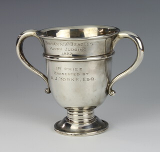 A silver 2 handled trophy cup London 1881, with presentation inscription, 246 grams, 12cm  