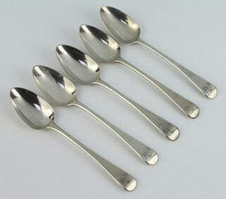 A set of 5 George III silver Old English teaspoons 112 grams, London 1879 