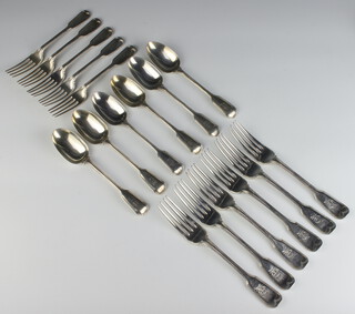 Six Victorian silver fiddle pattern dessert spoons, 5 dessert forks and 6 dinner forks, all with engraved monogram 1148 grams, London 1874 