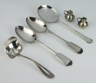 A Sterling silver ladle, 3 plated spoons and condiments 60 grams
