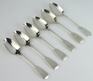 Six matched silver fiddle pattern dessert spoons, mixed dates, 220 grams