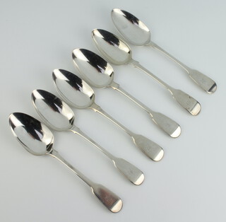 Six Old English pattern table silver spoons with engraved monogram, George IV, London 1826 and 1828, 458 grams 