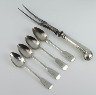 Four Old English Victorian silver tea spoons together with a silver handled serving fork 90 grams 