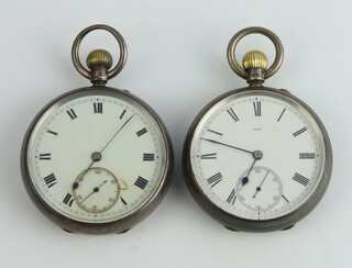 A Victorian silver mechanical pocket watch with seconds at 6 o'clock contained in a 48mm case London 1888, an Edwardian ditto in a 50mm case London 1904