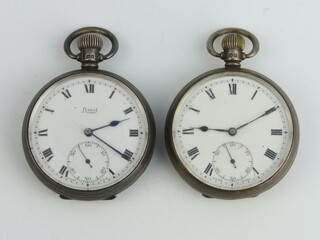 A silver mechanical pocket watch Birmingham 1945 in a 50mm case, a ditto Birmingham 1936 in a 50mm case, both with seconds at 6 o'clock 
