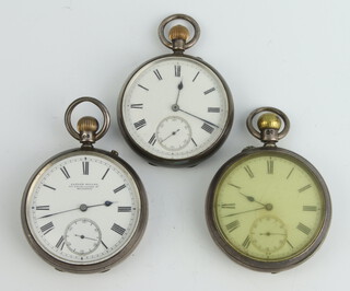 Three Victorian silver mechanical pocket watches with seconds at 6 o'clock, London 1885 contained in a 50mm case, an 1888 ditto in a 48cmm case and a London 1894 ditto in a 52mm case  