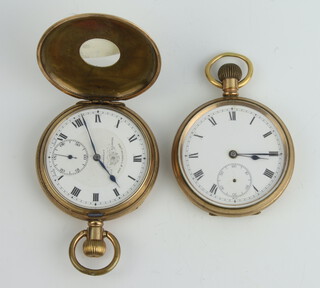 A gilt cased half hunter mechanical pocket watch with seconds at 6 o'clock, 1 other with seconds at 6 o'clock (lacking a hand), both in 50mm cases 