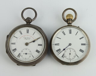 A Victorian silver keywind pocket watch London 1877 in a 50mm case together with a mechanical ditto Chester 1902 in a 52mm case 