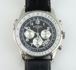 A gentleman's steel cased Rotary chronograph 3 dial calendar wristwatch contained in a steel case on a leather strap 