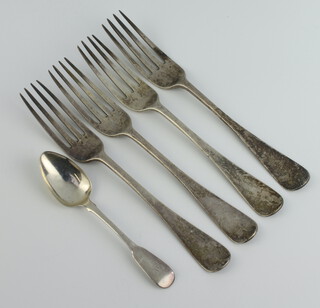 Four Old English silver dinner forks London 1866 together with a teaspoon 298 grams 