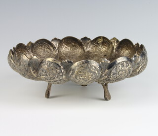 A Persian white metal engraved scalloped bowl 21cm