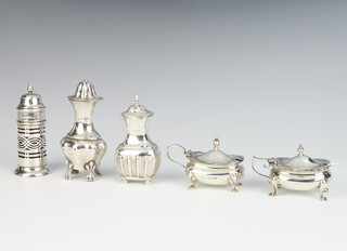 A silver mustard with blue glass liner Birmingham 1921 and 4 other mixed condiments, gross weight 184 grams 