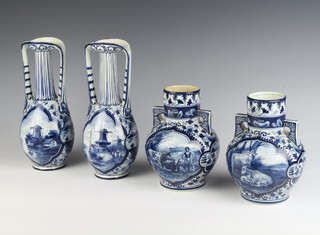 A pair of Delft blue and white vases with elongated necks decorated with windmill views 24cm, together with a pair of ditto squat vases decorated with animals 17cm, (1 restored) 
