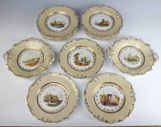 A Victorian 15 piece dessert service with gilt rims and landscape views, comprising 13 plates (2 a/f) 23.5cm together with two 2 handled dishes 26cm 