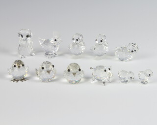 A collection of miniature Swarovski Crystal figures of animals - owl 3cm, duck 3cm, chick 3cm, duck 3cm, bird 2cm, owl 3cm, chick 1cm, pig 1cm, chick 2cm and chick 2cm 