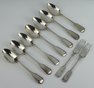 Seven silver plated fiddle pattern dessert spoons and 2 ditto forks 