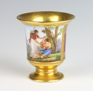 A 19th Century Continental cabinet cup with red ground, gilt decoration and panel of 2 classical figures 9cm