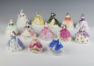 Twelve Coalport figures - Iris, Pansy, Hyacinth, Poppy, Fuschia, Violet, Lily, Daisy, Holly, Rose, May and Primrose 10cm together with a Royal Doulton ditto Diana HN3310 10cm 